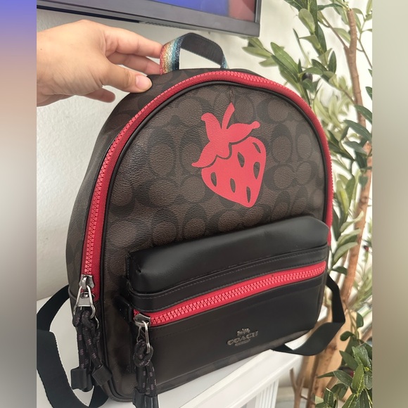 Coach Charlie Backpack Signature Canvas Strawberry Motif Brown Black NWT F78252 - Picture 1 of 5